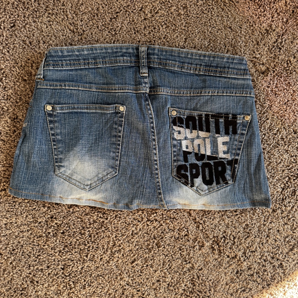 Womens Y2K South Pole graphic print Jean blue denim Distressed mini skirt size M